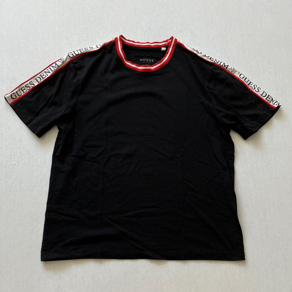 GUESS Black Tee with Red-Trim and Logo Shoulder Tape (Women's)
